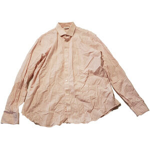 Mens Calvin Klein Size 16.5 Slim Fit Button Down Peach Checked Long Sleeve Shirt